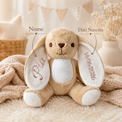 Coniglio peluche personalizzato nascita con nome e data di nascita sulle orecchie