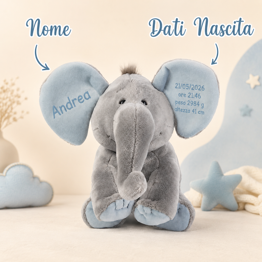 Elefantino  peluche personalizzato nascita con nome sulle orecchie