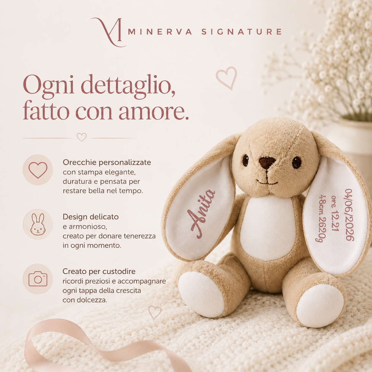 Dettaglio stampa duratura su orecchio coniglietto personalizzato