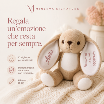 Peluche coniglietto personalizzato con dati nascita stampati sulle orecchie