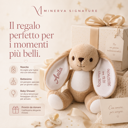 Coniglietto di peluche personalizzato per battesimo o baby shower